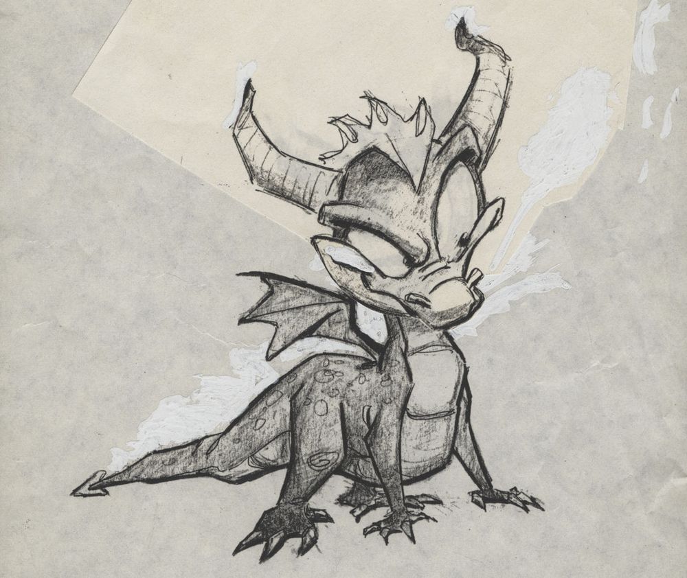 A drawing of Spyro the Dragon, stitched together from multiple drawings. There is whiteout visible on the drawings as they iterated on the character's design.