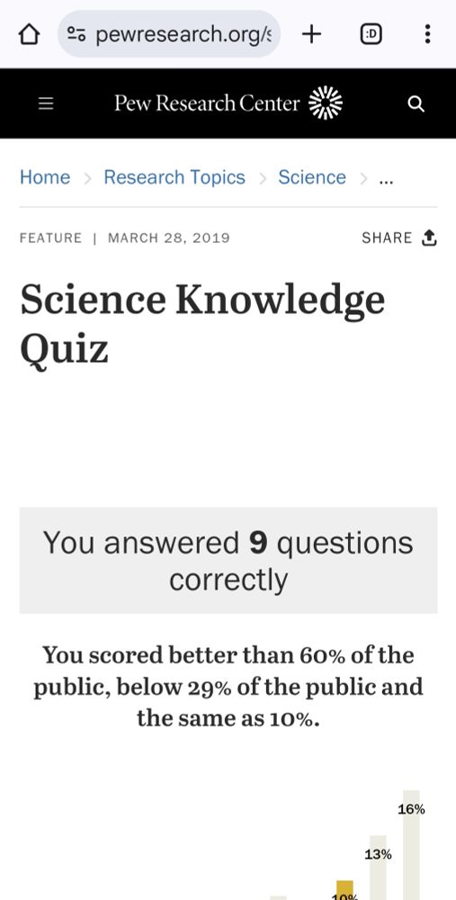 Science knowledge quiz results. I answered 9 questions correctly. 