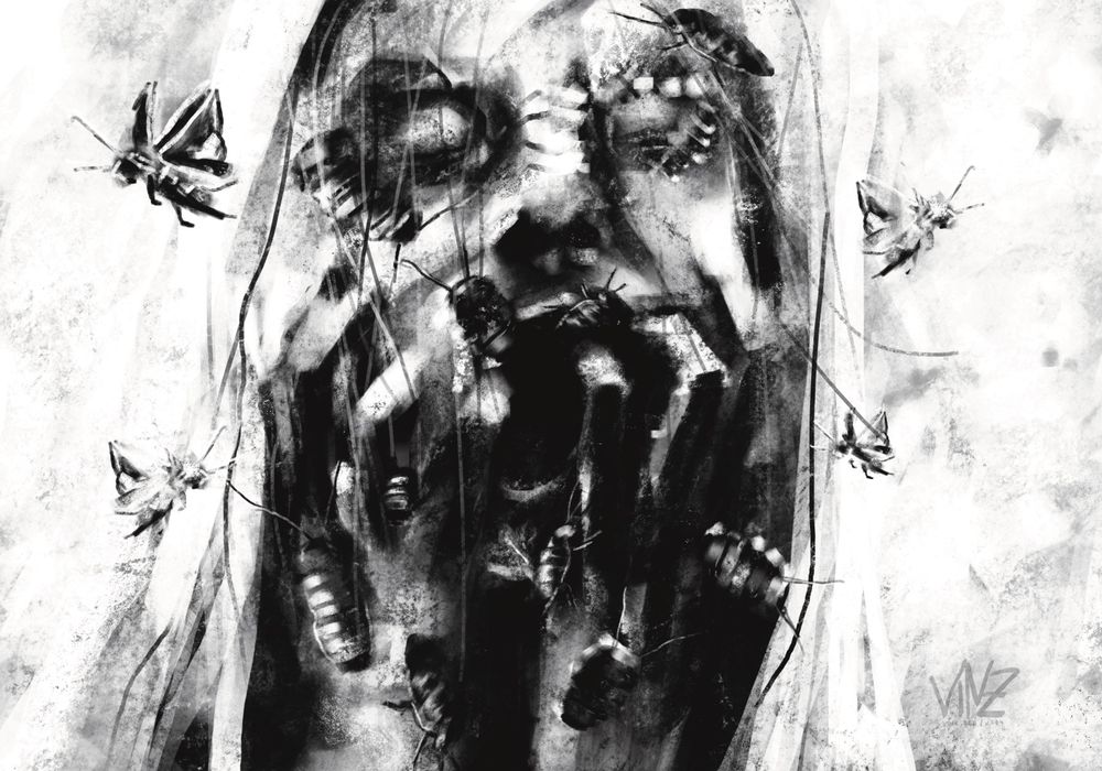 Black and white painting in digital charcoal style depicting a person face with scars and cockroaches crawling all over and around them. Their eyes are closed, mouth open, hands hold their own face distorting it further.
