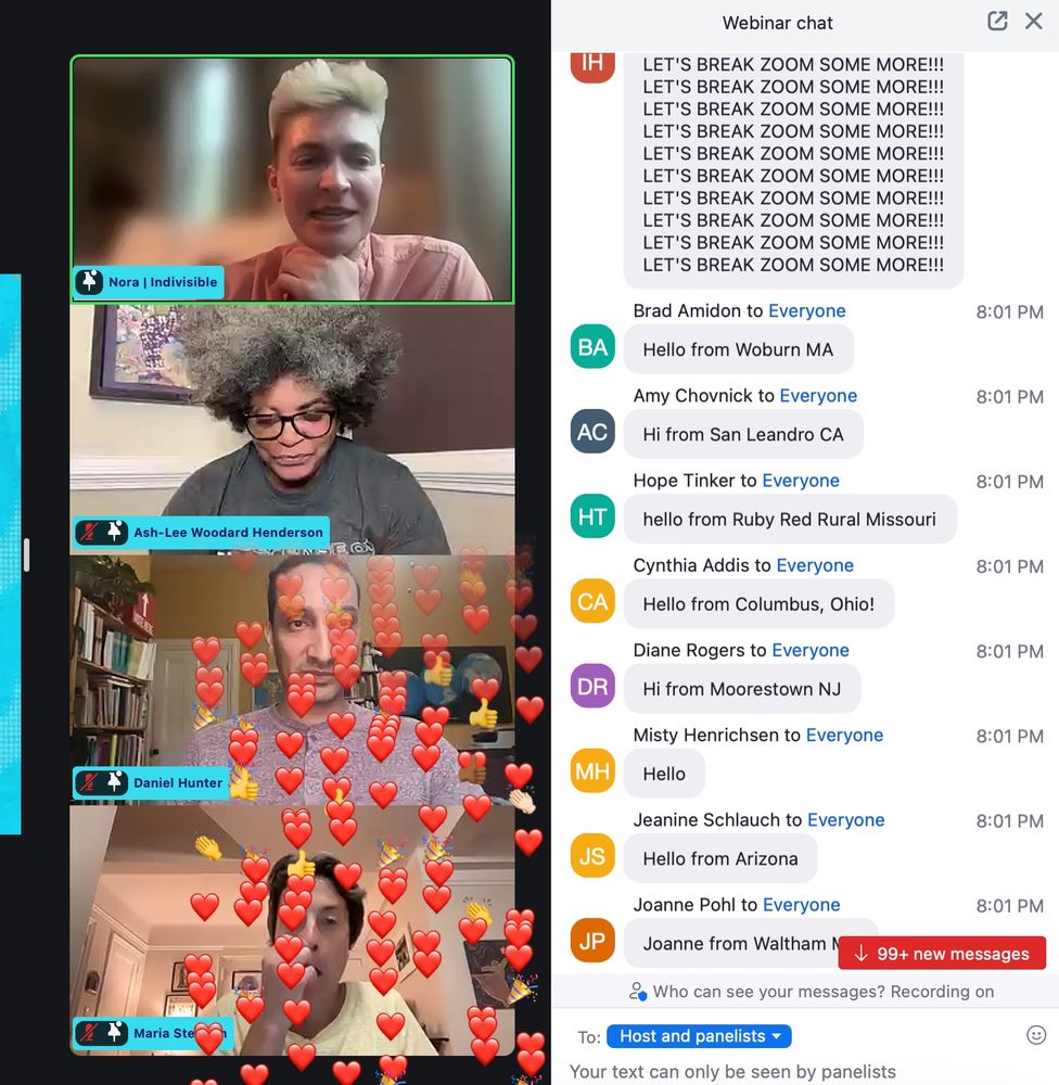 Zoom screengrab. Chat busy AF. Lots heart emojis