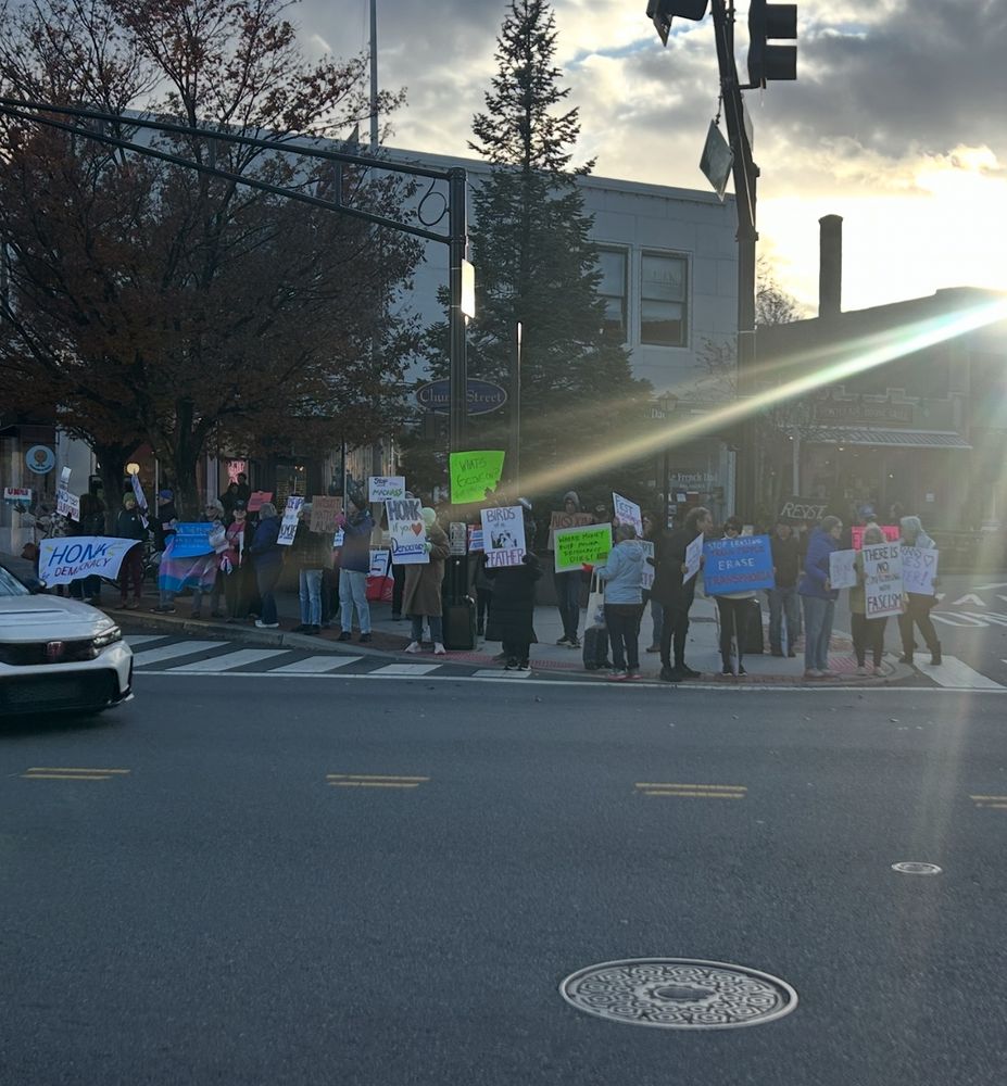 Cluster of protesters with a beam of sunshine on them. 