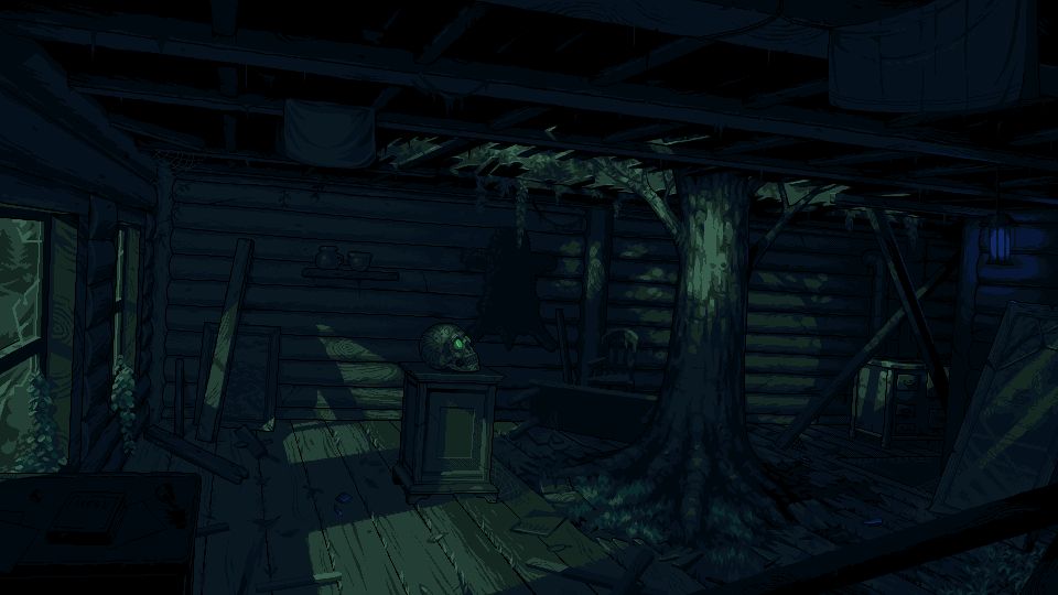 Pixelart background of a forgotten mysterious old cabin in the woods depicting a tree in the middle of the room, a small altar besides it with a decorated skull on top. For Aurelia by @MirthalGames