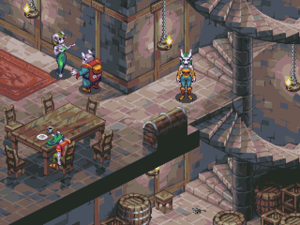Pixelart room in isometric projection showing some fantasy characters with horns.