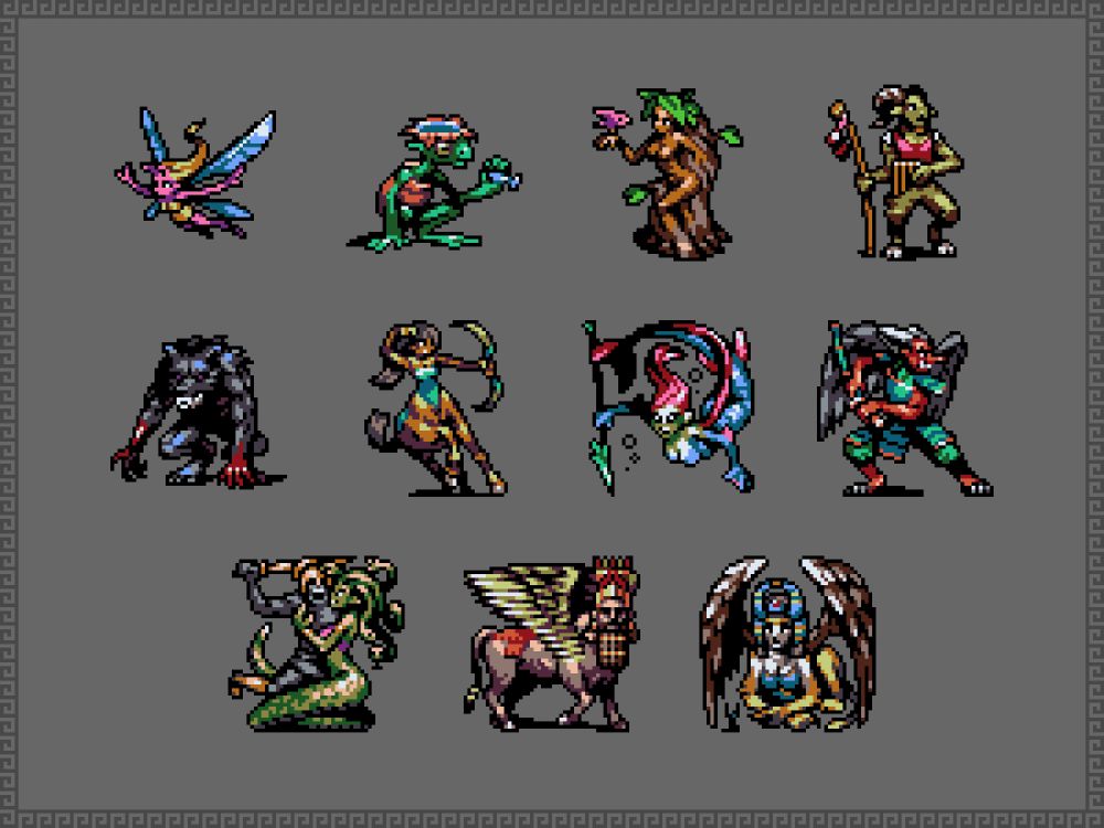 Pixlart of mythical creatures, from left to righ.
First row: Fairy, Kappa, Dryad, Satyr
Second row: Werewolf, Centaur, Merfolk, Tengu
Third row: Gorgon, Lamassu, Sphinx
