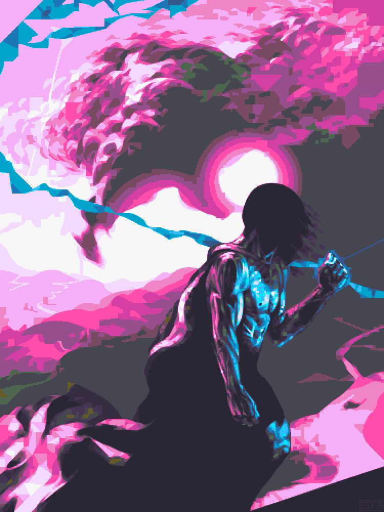 Pixelart of Zeus covered in shadows, slightly holding up a fist, emitting blue lightnings. The background depicts hills and clouds. Personal project.