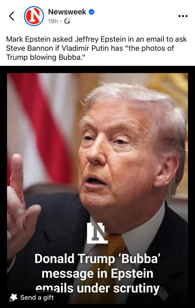 News Week post reading “Mark Epstein asked Jeffrey Epstein in an email to ask Steve Bannon if Vladimir Putin has "the photos of Trump blowing Bubba."