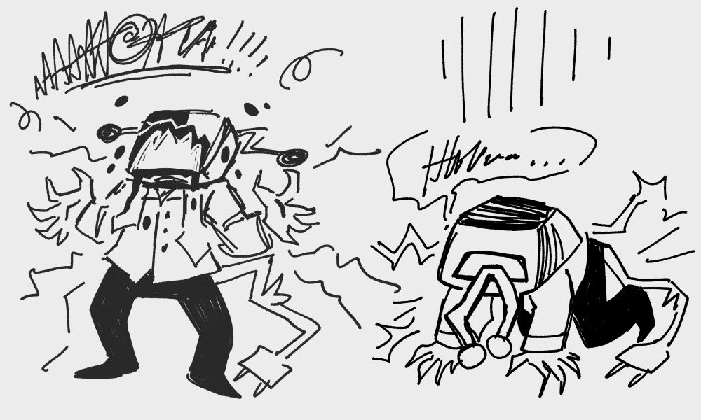 Sketches of SwapTenna screaming and hunched over on her hands and knees.