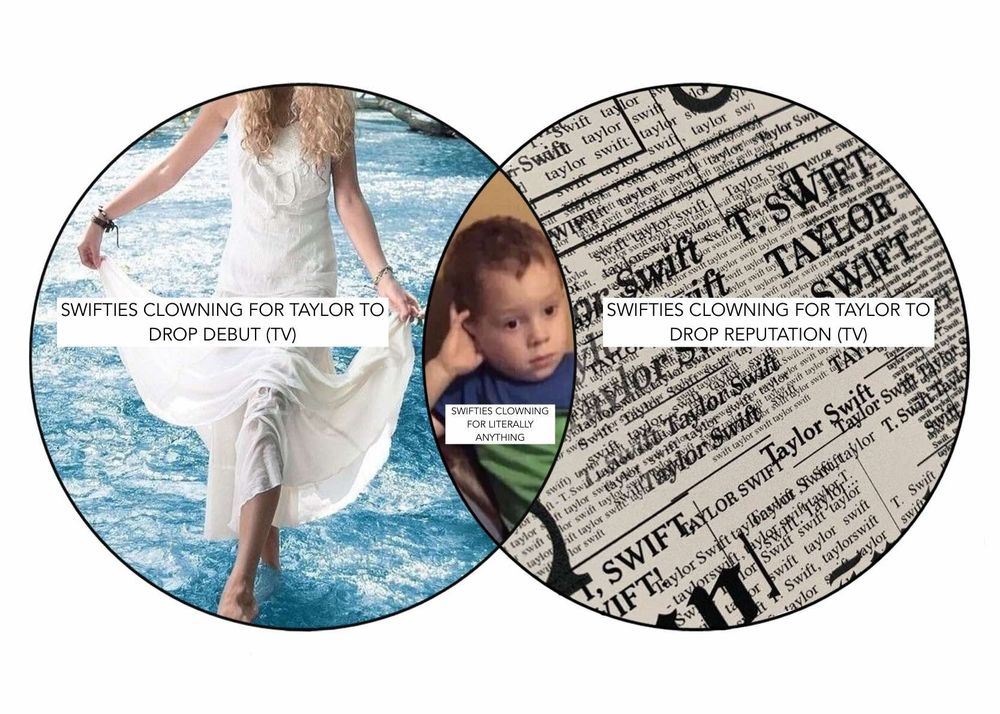 A venn diagram. The left has a photo of Debut Taylor Swift in water and a white dress, she's holding the dress out and taking a step forward all cutesy but her head is cut off in the image. There is text in black font with white background "SWIFTIES CLOWNING FOR TAYLOR TO DROP DEBUT (TV)" 

the right side shows a newspaper from reputation era of Taylor Swifts name in repeat with text "SWIFTIES CLOWNING FOR TAYLOR TO DROP REPUTATION (TV)" 

the middle is a classic meme of a kid sitting with his head resting on his hand looking like hes stressed with text "SWIFTIES CLOWNING FOR LITERALLY ANYTHING"