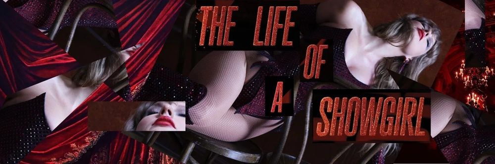 The Life of a Showgirl heading with one of Taylor Swifts cover for her new upcoming album, she's wearing a dark purple body suit with her head tilted back 