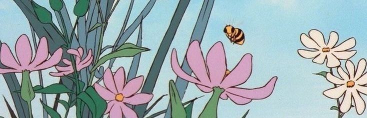 Pink and white flowers with a bee flying over them in a cartoonish style