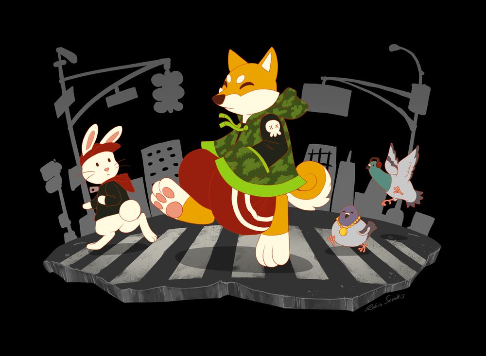 A flat, simple color cartoon art of a Shiba Inu in streetwear with a bunny and two pigeons on a stylized sidewalk crossing cut out. There's a crude rough silhouette of a city behind them.