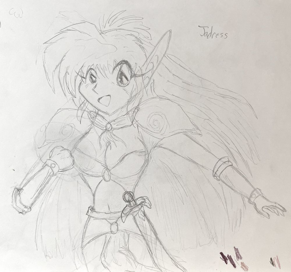 5th grade-ish aged pencil sketch labeled "Jadress." It's an anime elf lady with huge boobs and pauldrons casting magic? She has a sword at her waist. Also one eye is like.. 3x larger than the other and her arms and hands are thin and tiny and her head is massive