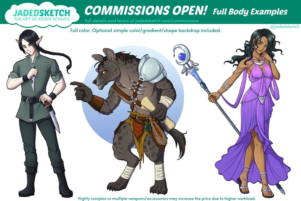 Example images of 3 full body character illustrations- a thin elf man with a long black brain holding daggers, a hyena-like knoll with a pauldron, and a tan-skinned half elf woman with a flowing ombre purple dress and a moon staff