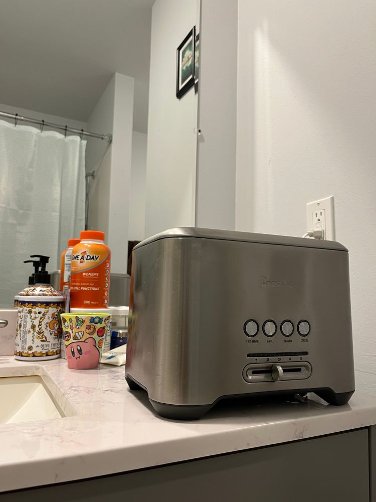 Photo of a stainless steel toaster on a bathroom counter, with shower visible in the mirror reflection.