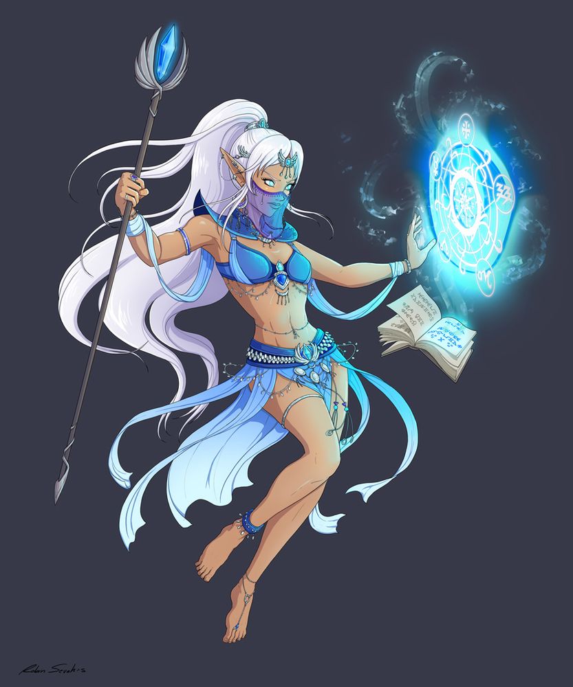 A magical tan-skinned elf/jinn woman floating over a dark grey backdrop. She has a massive flowing high ponytail of white hair and a flowing blue two-piece ensemble resembling a bellydancing outfit. She holds up a glowing staff and casts a glowy blue spell from a floating spell book. She also has glowing ice blue eyes and a translucent purplish blue veil over her nose, mouth, and neck.