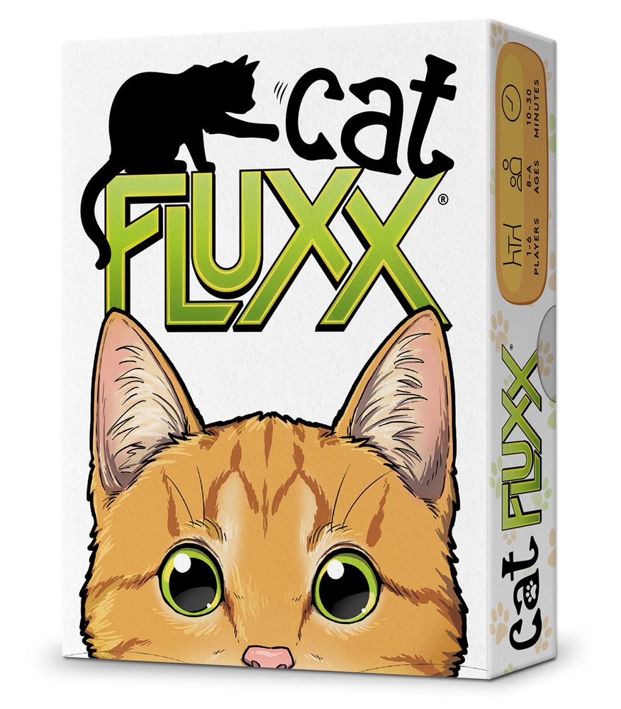 3D render of the Cat Fluxx game packaging. A rectangular white box- the top features a logo with a black silhouette of a cat batting at the word "cat," and the lower half shows an orange cat face with big curious green eyes peaking up from the bottom.