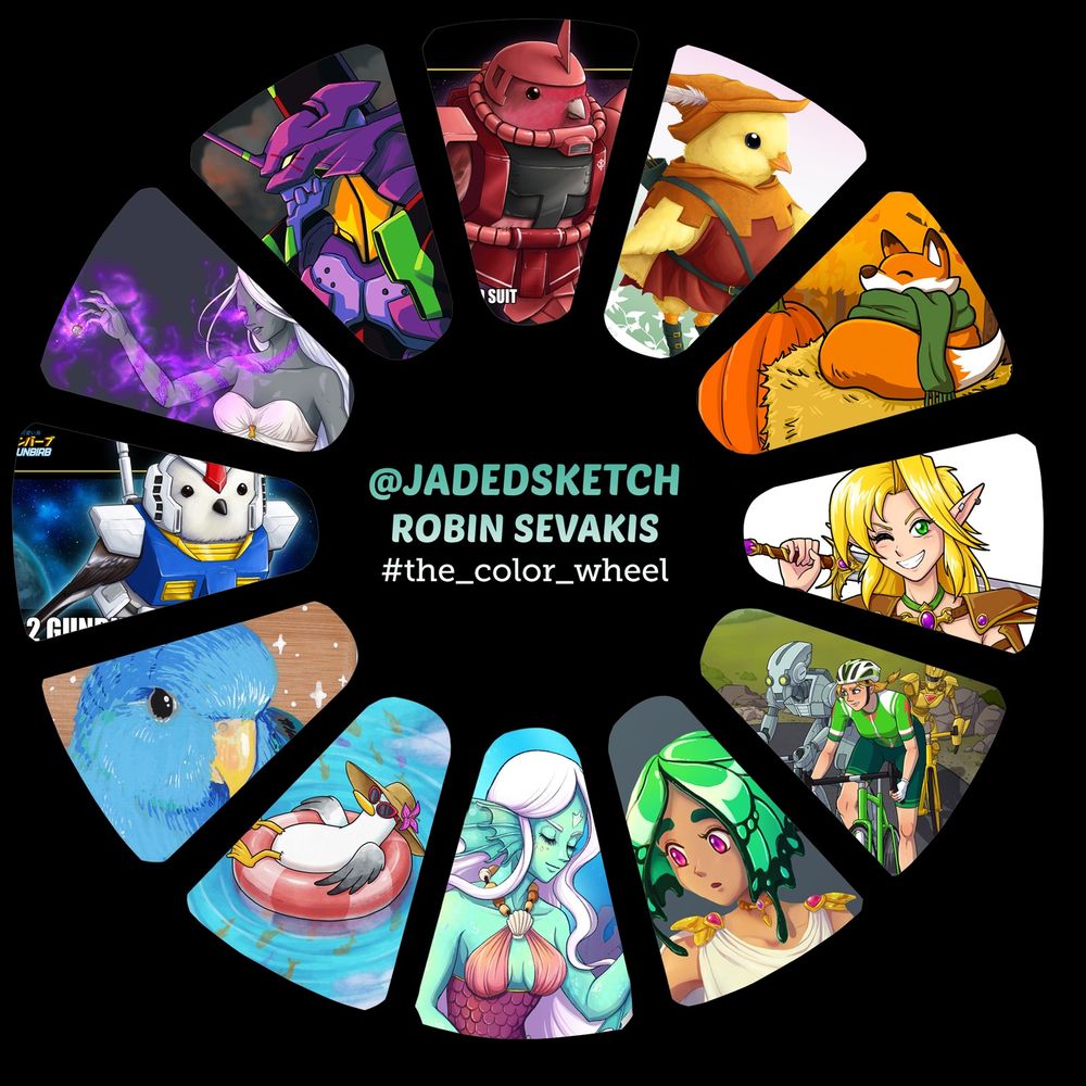 Image of a 12 sectioned color wheel, with each section a different close up crop of one of my illustrations. It's mostly birds and fantasy ladies, with a few exceptions!