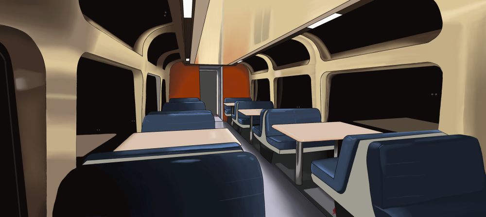 Digital art of a train car interior. There are peering eyes staring in from the darkness. 