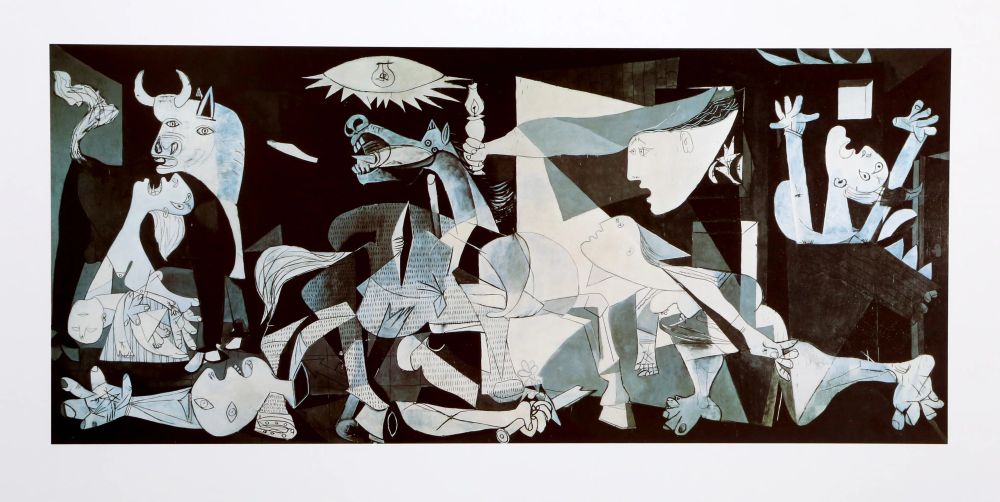 Image of Guernica by Picasso: 1937 oil painting, done in grey, black and white painting on canvas, portraying violence and chaos. It's a composition that has featured a gored horse, a bull, screaming women, dead baby, dismembered solider and flames. The art is done in Cubism movement style, so it is not realistic in portrayal but more shaped pieces that guide the vison of what is there. 