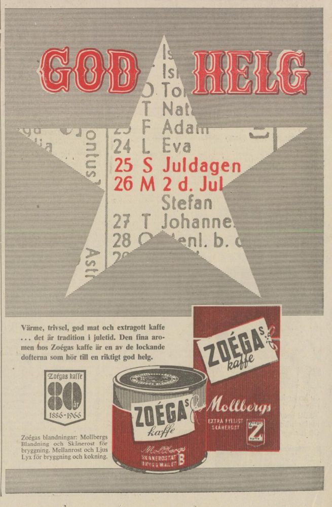 Zoégasreklam från 1966 med frasen "God Helg".