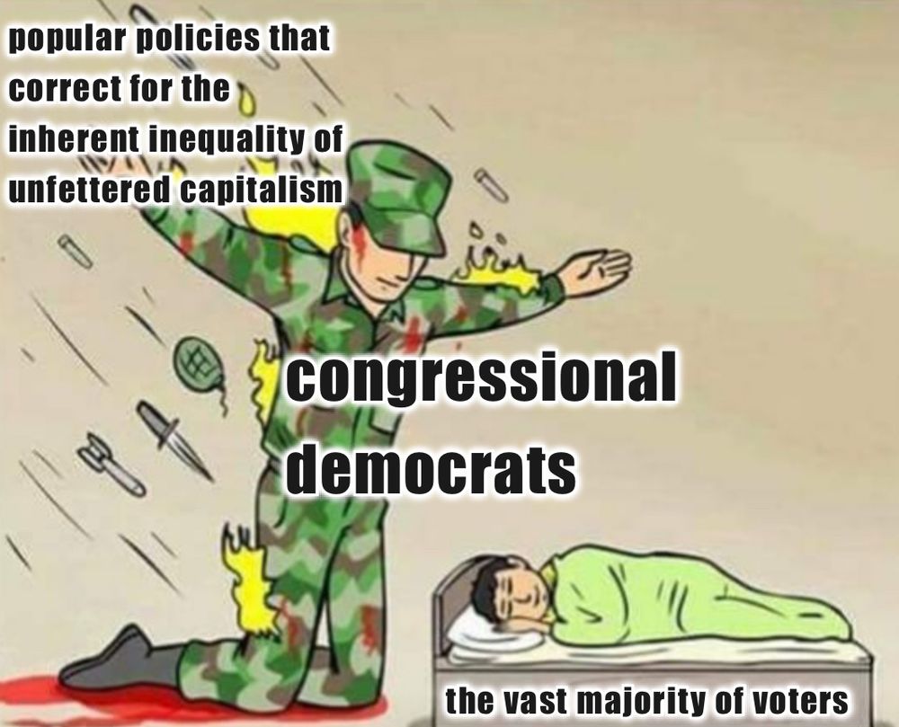 an ironic meme. A soldier, labeled "congressional democrats," protects a sleeping child, "the vast majority of voters," from an onslaught of dangerous weapons, labeled "popular policies that correct for the inherent inequality of unfettered capitalism."