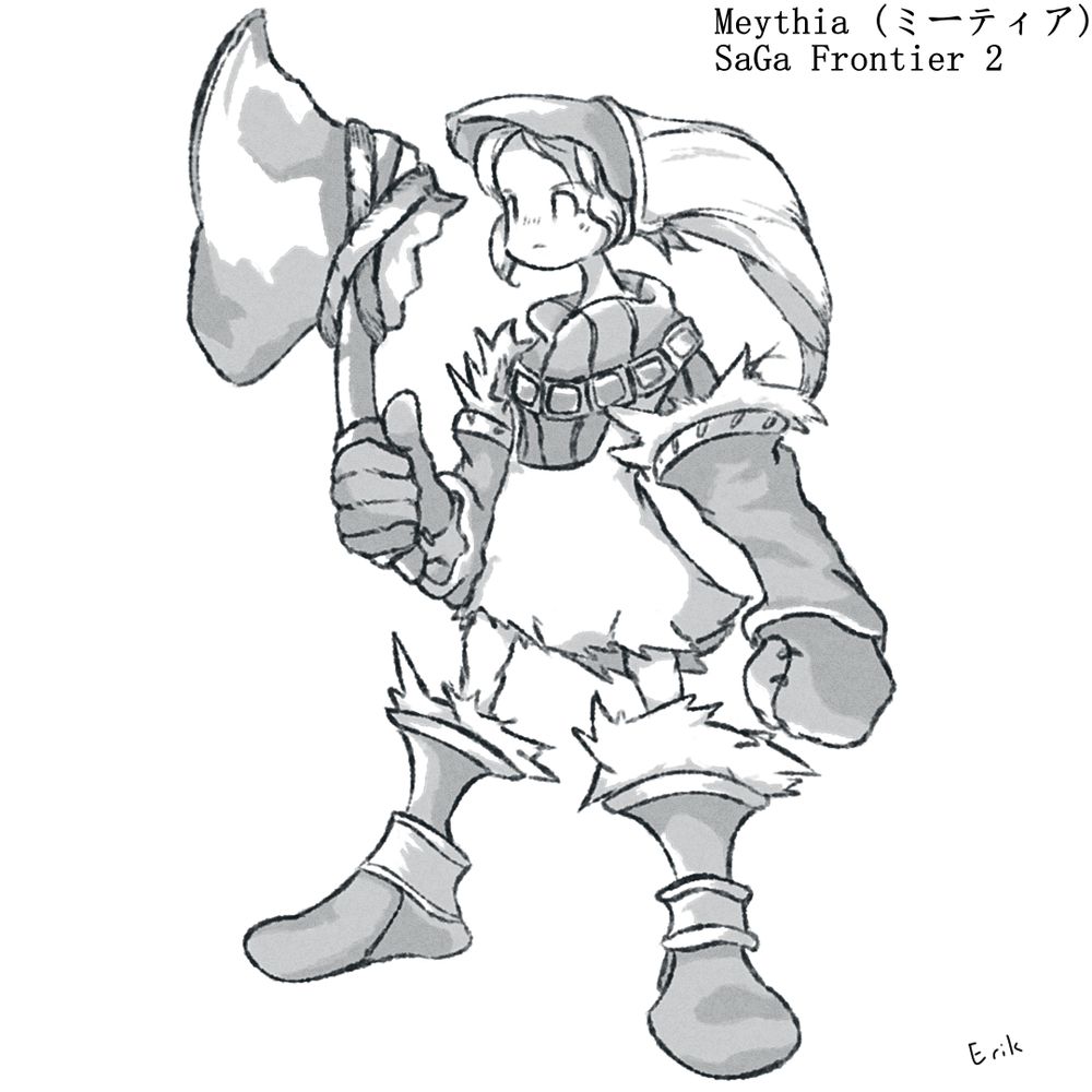 Black and white digital fan art of Meythia from SaGa Frontier 2 (1999, Square Enix).

Meythia is a character that appears later throughout the game. orphaned at a young age, Meythia sets out into the world with nothing but her stone axe, a hand-me-down from her father.

She has long hair that curls into a moon-like spiral, and she wears some sort of cloth hairband to hold her hair in place. She wears a striped poncho with an overall over it. Her hands are protected by long-sleeved, fur lined leather gloves, and in this drawing she also holds her stone axe in her right hand. For footwear she has fur lined leather boots that reach up to her knees. Some sort of gem necklace is wrapped around her shoulders.