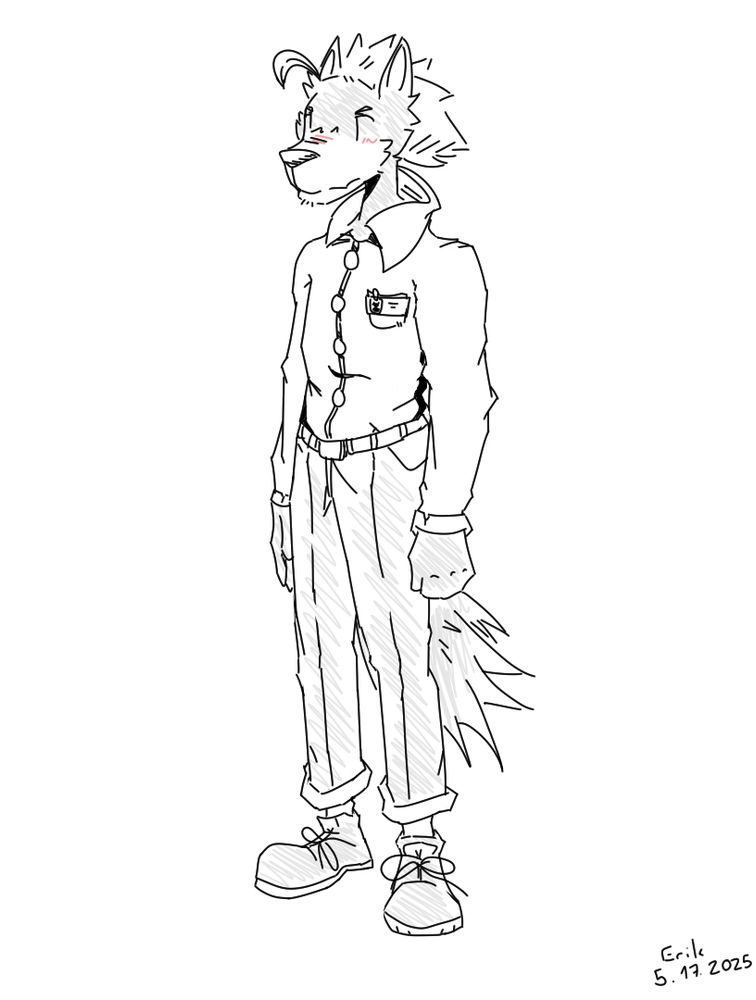 A doodle of a wolf man. He's wearing a simple dress shirt with a nametag clipped to the shirt's breast pocket, a pair of black suit pants and a pair of black shoes. He looks flustered, his face slightly red and his tail hanging low.