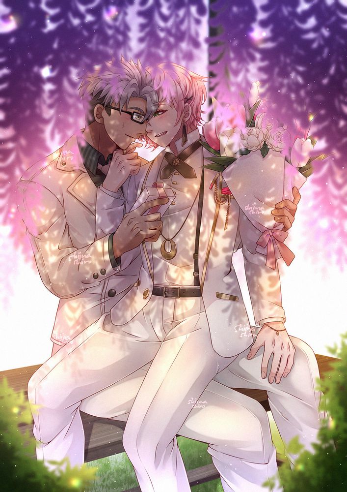 🍕and ⚙from 🌟 sitting on a bench under wisteria flowers. ⚙ is sitting on 🍕's lap, holding 🍕's chin to look at him while he's teasing 🍕. 🍕 is holding a bouquet and a gift on each hands, intended to be given to ⚙. 

they are both wearing their white day outfit.
