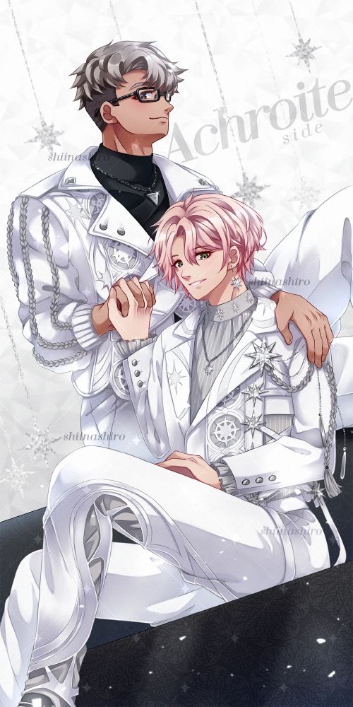 🍕 and ⚙ from hlst sitting on a dark patterned platform, holding hands. 🍕's left hand is on ⚙'s left shoulder. They are wearing the costume from the recent merch lineup, hlst winter 2024 give a gift. its a mostly white costume with intricate details, with stars motifs as the main theme. There are some star-shaped ornaments hanging in the background. Text: Achroite side