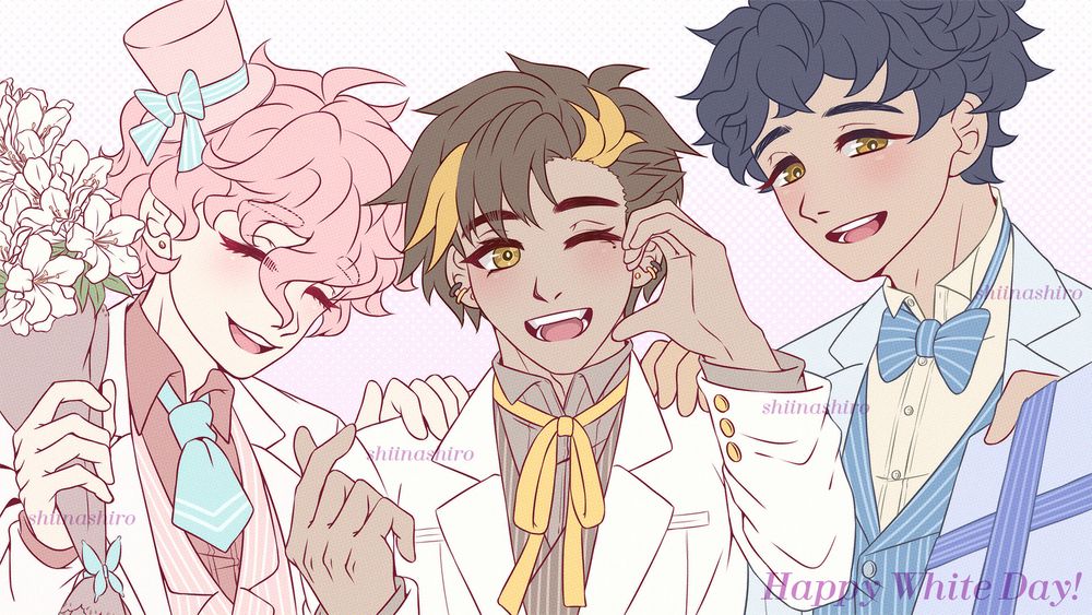 Akira Tetoyama (left), Hwasa_vius (middle) and Addie Hughes (right). Akira is carrying a bucket of lilies. hwasa is holding up a heart sign with his right hand and a heart cheek with his left hand. addie is giving a box of gift.