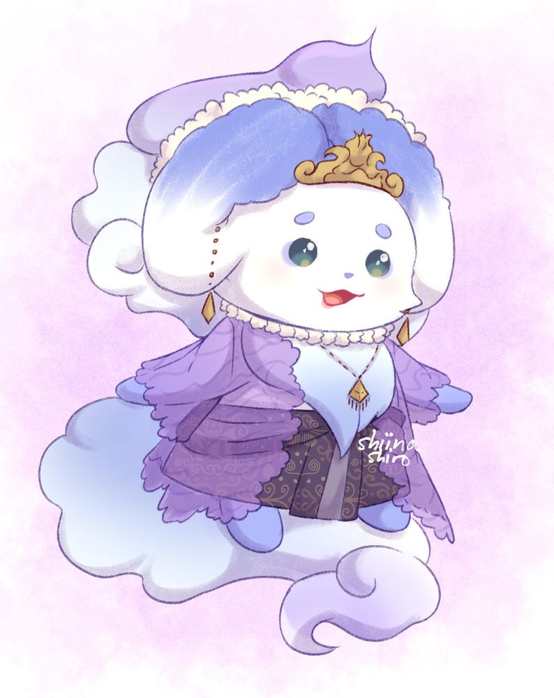 Lunlun from nijisanji in a javanese attire. her ears and fluffs are bundled into a konde hairstyle and shes wearing a purple kebaya and batik sarong. 