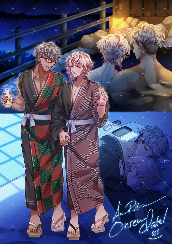 its a collage of 3 scenes of typical onsen situation. they are all including 🍕and ⚙from 🌟. the upper one is depicting 🍕 and ⚙ enjoying the hot springs together. the centerpiece is 🍕 and ⚙, holding hands while walking, their free hands are holding a bottle of fruit milk each. They are in yukata attire based on the 🌟 collab with Raku spa. The bottom one depicting them sleeping on a futon, cuddling up close together. Text said "ArRts Onsen date! ♨"
