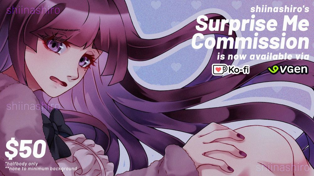 text: shiinashiro's Surprise Me Commission is now available via (ko-fi logo) and (vgen logo)
$50
*halfbody only
*none to minimum background 

in the picture, depicted Tsumiki Mikan from danganronpa, looking at the audience with her usual nervous expression. she's wearing frilly top with a black bow tie and a fluffy outer.