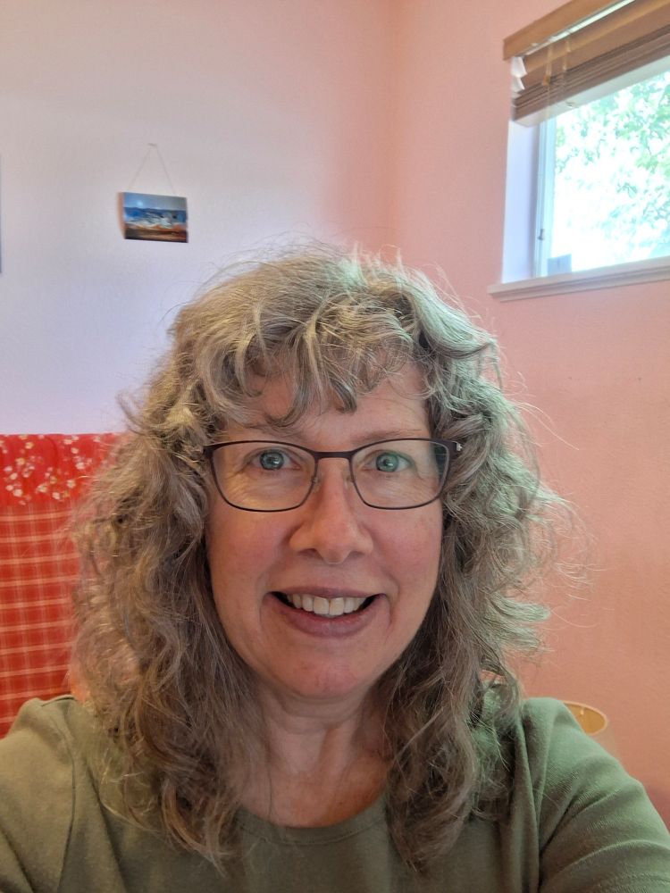 Middle aged white woman in glasses in a pink room in front of a red couch.