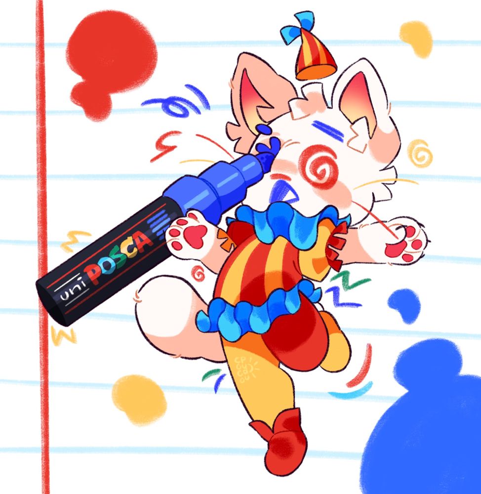 Animal Crossing character Blanca in a clown outfit, face currently getting drawn on by a posca pen! 