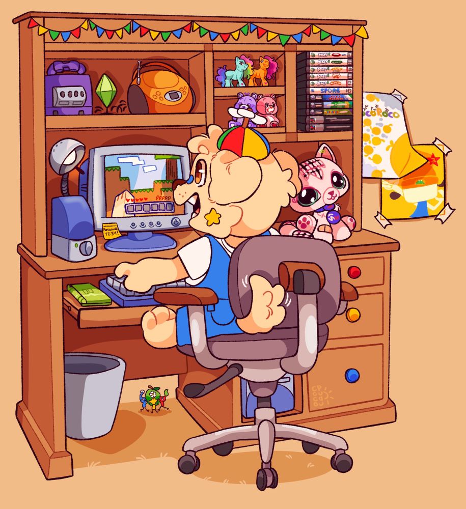 a young golden retriever furry original character in overalls and a propeller hat, sitting at a large “entertainment centre” type desk, with his back turned to the viewer. In front of him is a large computer setup, meant to mimic the nostalgic feeling of playing on the family computer. He’s playing minecraft!
On the shelves are different nostalgic items, like a gamecube, sims games, a littlest pet shop VIP plush, generation 3 my little ponies. On the wall behind the desk, is posters referencing the games loco roco and parappa the rapper 3. On the floor, under the desk, are three little pikmin (red, blue and yellow) carrying an apple.