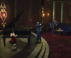 Animated gif of Final Fantasy 8. Laguna Liore approaches Julia Heartilly only for his leg cramp to act up from being close to her.