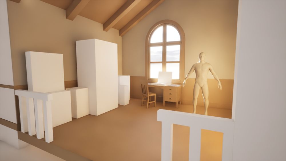 Viewport render of a 3D blockout showing stylized alchemy workshop layout, with a mix of whiteboxes and soft coloured meshes.