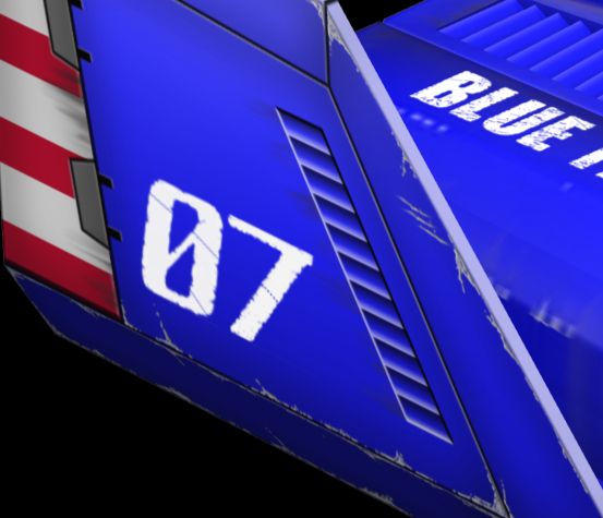 The right wing of the F-Zero racing machine "Blue Falcon", zoomed in on the 07 marking on its side