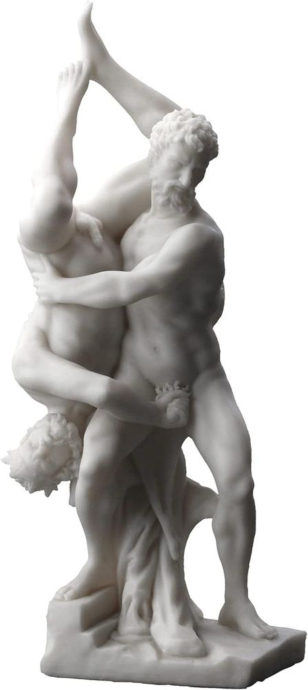 Hercules and Diomedes, from a 16th-century original at the Palazzo Vecchio in Florence, Italy; one of six marble statues representing "The Labours of Hercules" by Vincenzo de’ Rossi. Allegedly from the crowd Diomedes heard a man yell “Grab his dick and twist it!”