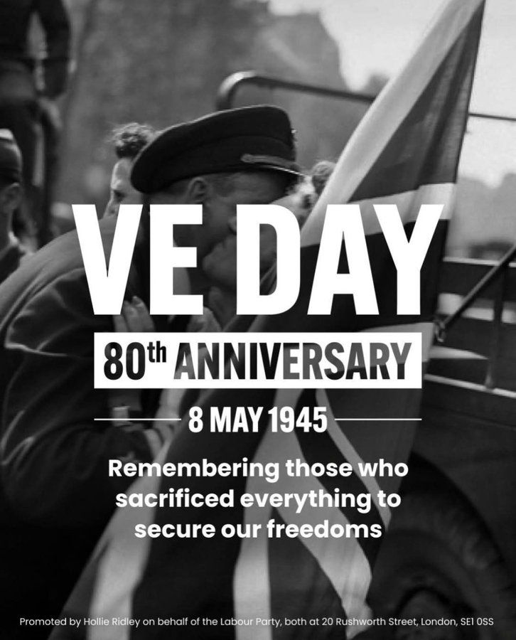 Black and White VE Day poster that reads: VE Day 80th anniversary, 8th may 1945. Remembering those who sacrificed everything to secure our freedom. 