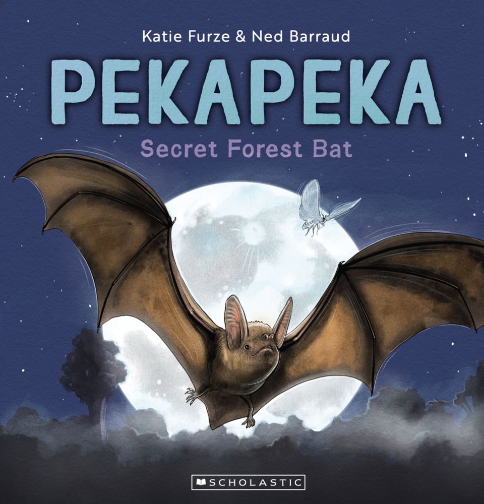 Book cover of Pekapeka, Secret Forest Bat with a big-eared forest bat soaring above dark clouds, in front of a bright full moon. 