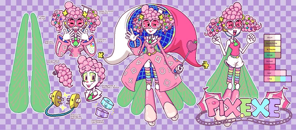 Professor pixEXE's new refsheet for 2025! It showcases his wings, detachable headphones and pigtails, social battery meter, control panel, and how he looks without his jacket and hat!