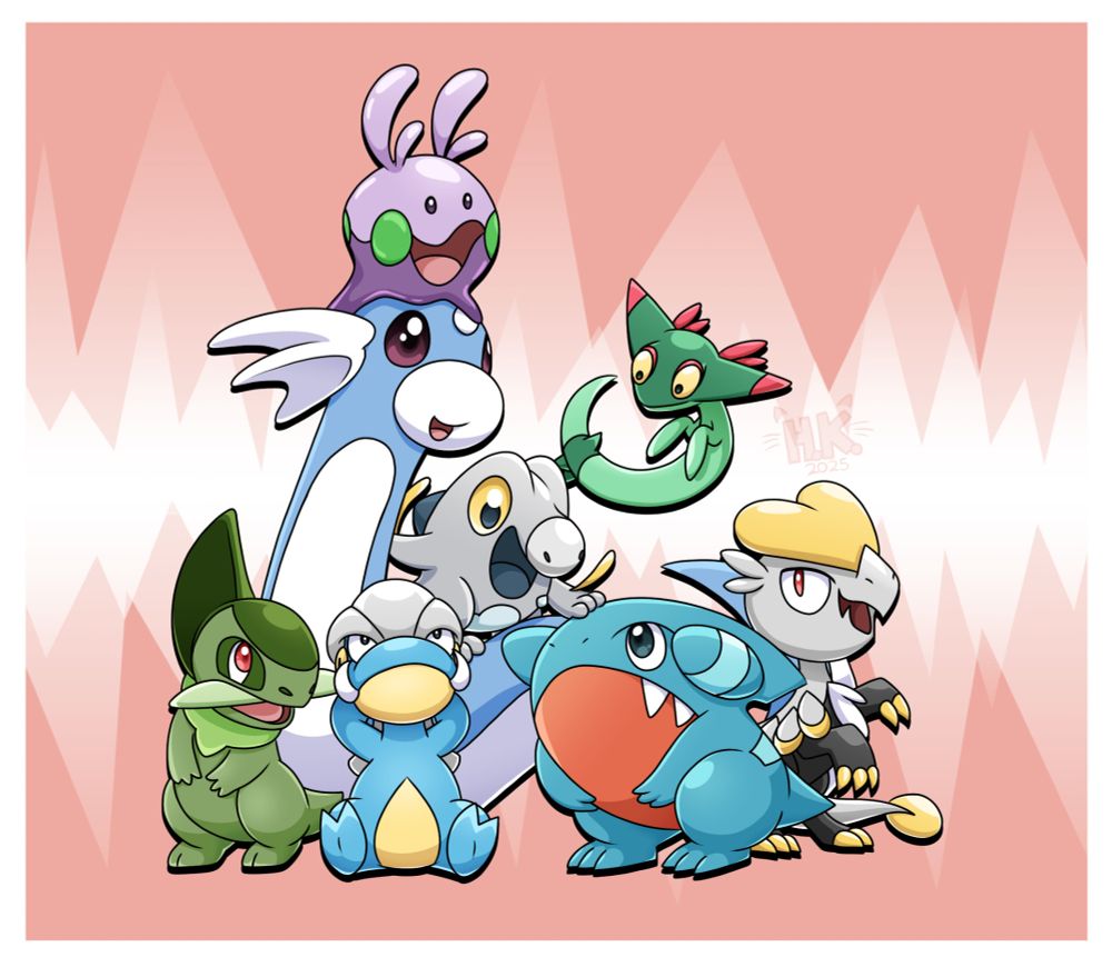 A group of Dragon-type Pokémon: Axew, a green, bipedal Pokémon with horizontal tusks and a pointed fin on its head, Dratini, a blue, serpentine Pokémon with a white belly, Goomy, a purple, gelatinous Pokémon with rounded antennae and green spots around its middle sitting on Dratini's head, Bagon, a blue, bipedal Pokémon with a helmet-like head and a yellow jaw and belly, Frigibax, a gray, bipedal Pokémon with yellow ribbon-like protrusions on its arms sitting on Dratini's back, Gible, a blue, bipedal Pokémon with a round body, a red belly, and sharp teeth, Dreepy, a green, floating, serpentine Pokémon with an arrow-shaped head, and Jangmo-o, a gray, quadrupedal Pokémon with a large, yellow, heart-shaped scale over the top of its head.