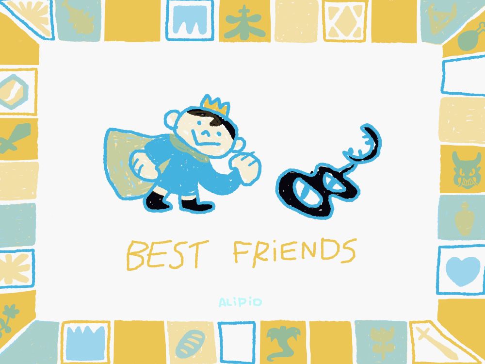 ilustração de um quadro com moldura com pequenos desenhos e ao centro os personagens Bojji e Kage como se fossem feitos por crianças.