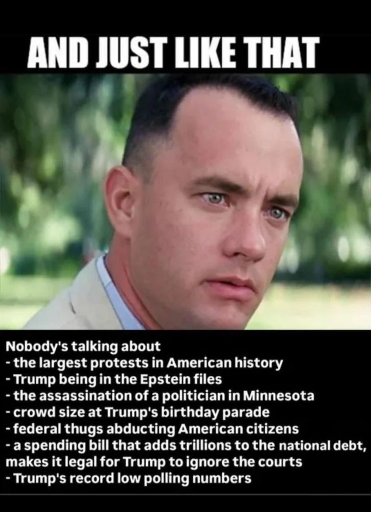 Tom Hanks as Forest Gump with text that explains how starting a war is distracting the public from the Trump administration's bad press
