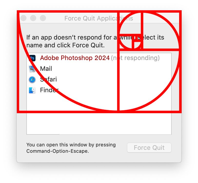 a screenshot of macOS force quit dialog box showing adobe photoshop not responding with a golden section over it.