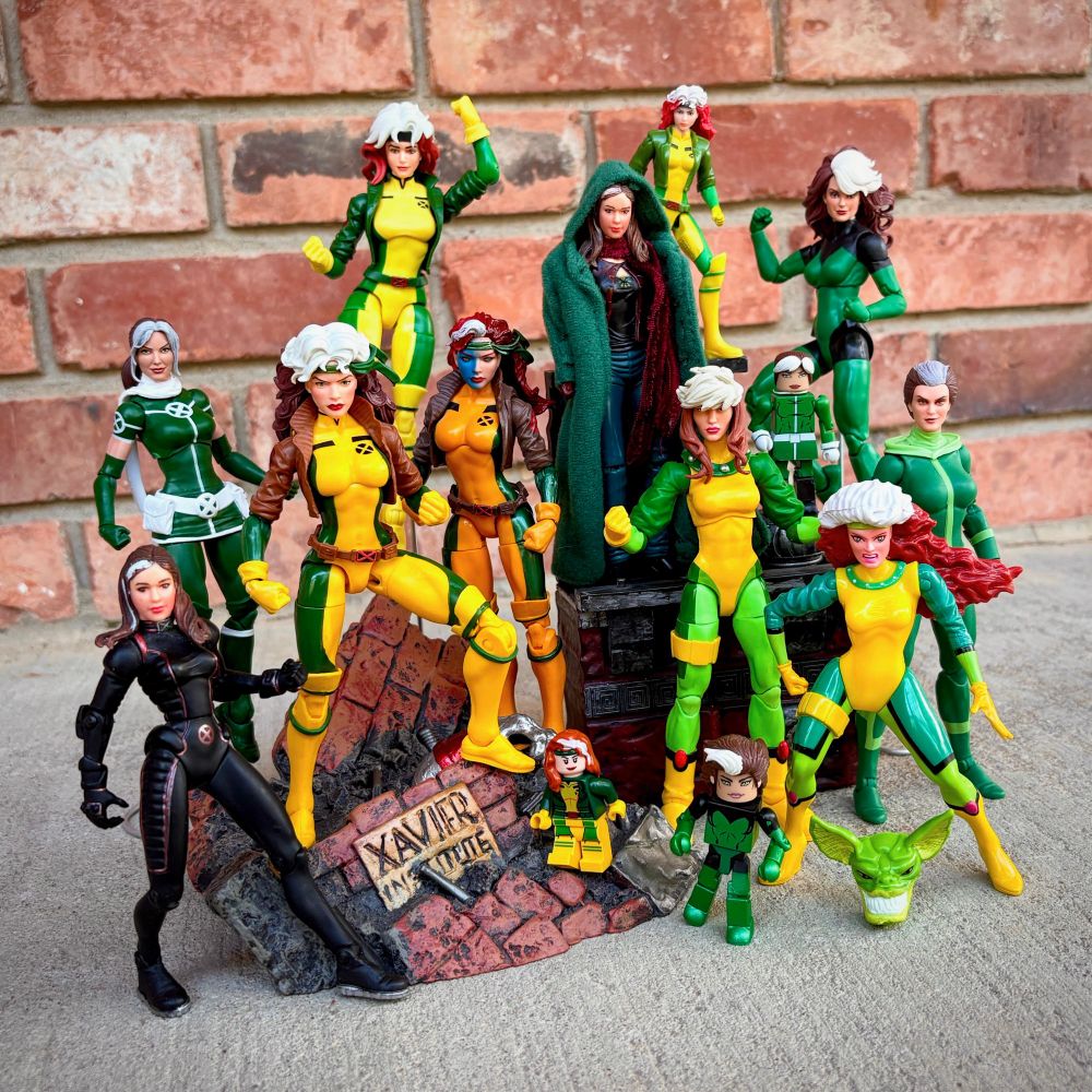 A picture of many different Rogue action figures of Marvel Comics X-Men fame.
