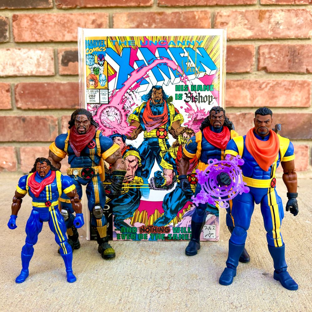 Uncanny X-Men 282 alongside several Lucas Bishop action figures.