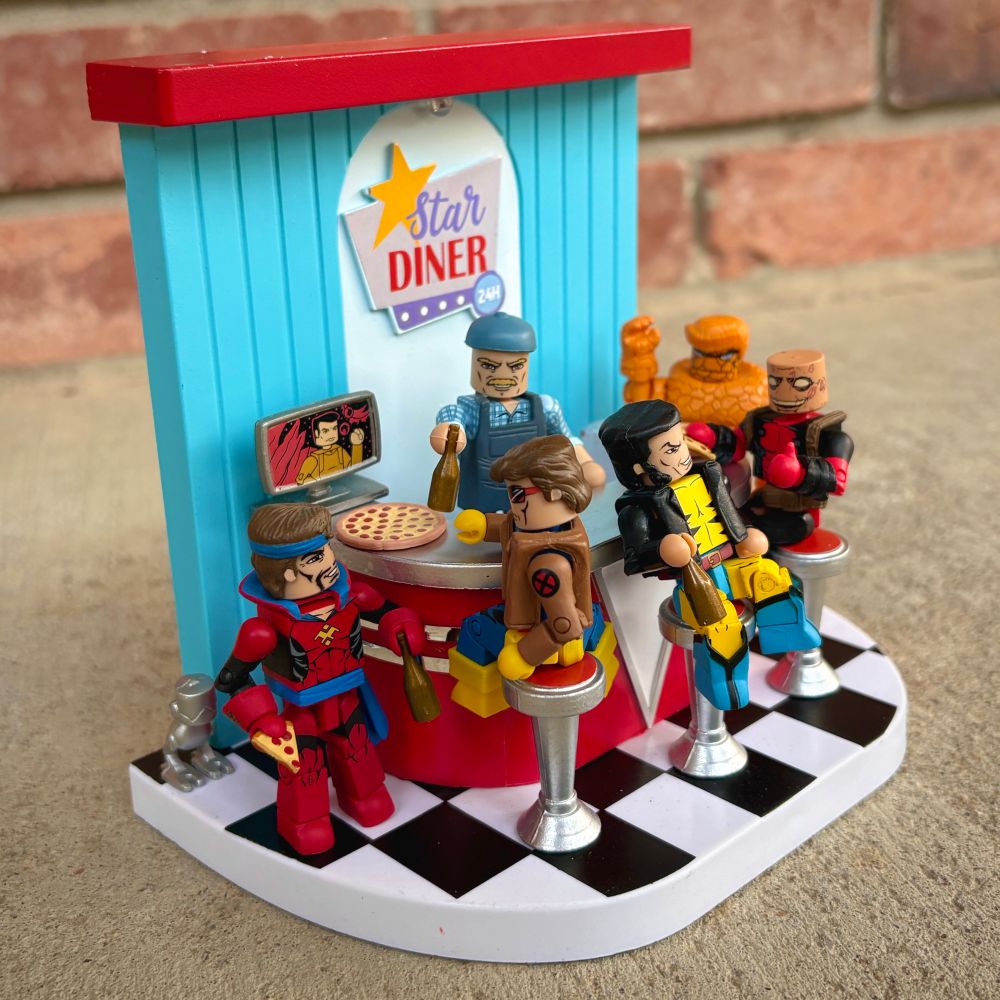 Marvel Minimates of the X-Men’s Corsair, Cyclops, Wolverine, Deadpool and Fantastic Four’s Thing by Diamond Select Toys. Diner diorama found at Target.